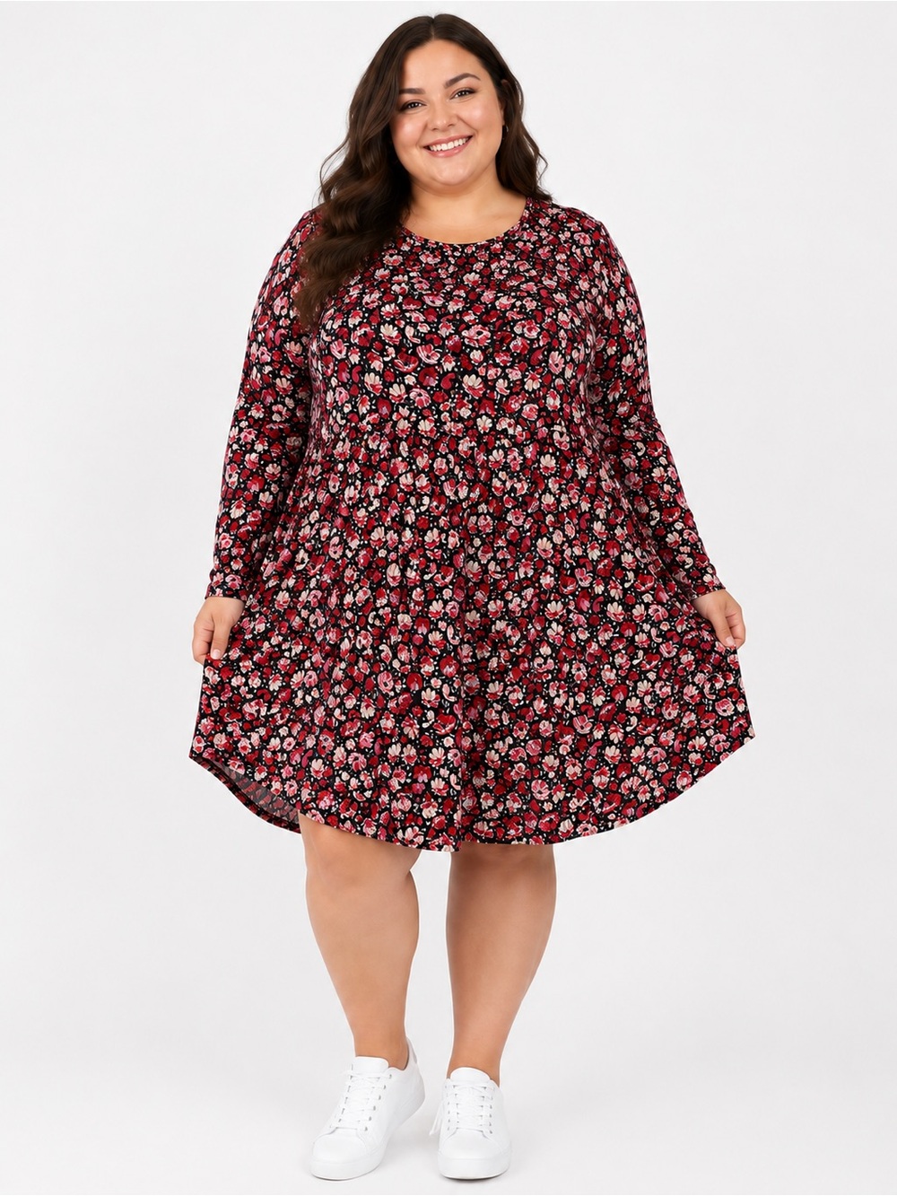 Penningtons Black and Red Floral Long Sleeve Swing Dress